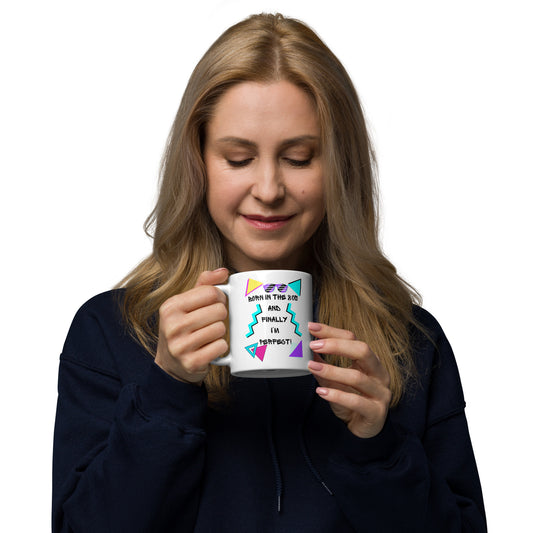 Retro 80s ceramic coffee mug with bold geometric design and 'Born in the 80s and finally I'm perfect!' text – by Hipyfi Clothes & Design 11-oz-handle-on-left