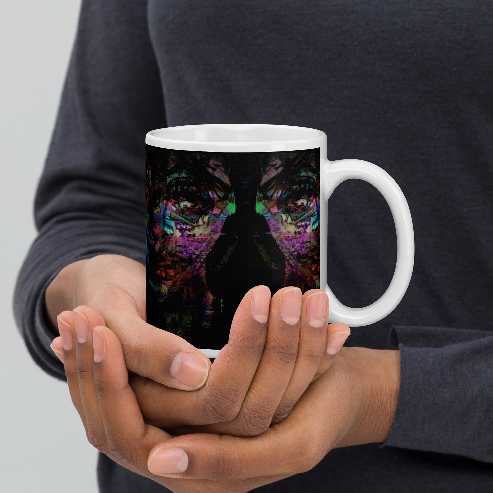 Hipyfi Chromatic Dreams Ceramic Mug with abstract vibrant design on a glossy white surface. Held in hand, unisex, dishwasher-safe. 11-oz-3