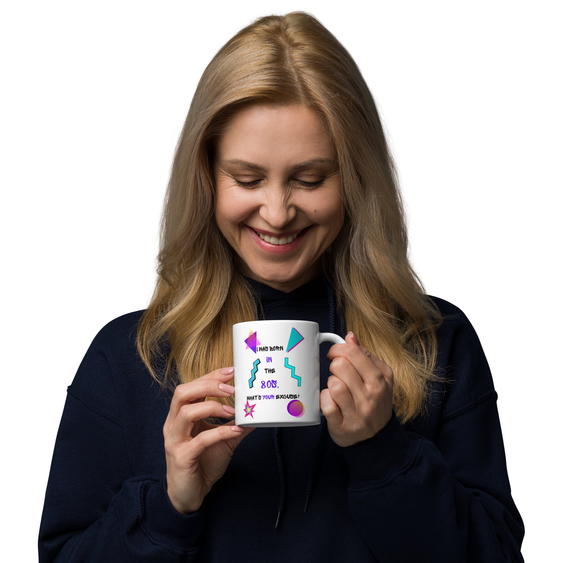 Retro 80s ceramic mug with neon geometric patterns and “I Was Born In The 80s, What’s Your Excuse?” hand-drawn typography by Hipyfi Clothes & Design 11-oz-handle-on-right