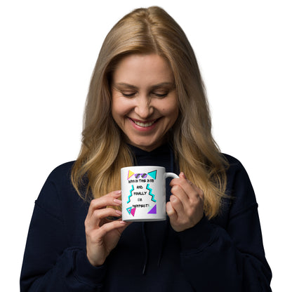 Retro 80s ceramic coffee mug with bold geometric design and 'Born in the 80s and finally I'm perfect!' text – by Hipyfi Clothes & Design 11-oz-handle-on-right