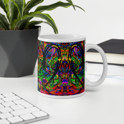 Colorful abstract art ceramic mug with neon pattern and glossy finish – Hipyfi Neon Mythos Mug 11-oz-office-environment