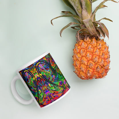 Colorful abstract art ceramic mug with neon pattern and glossy finish – Hipyfi Neon Mythos Mug 11-oz-pineapple