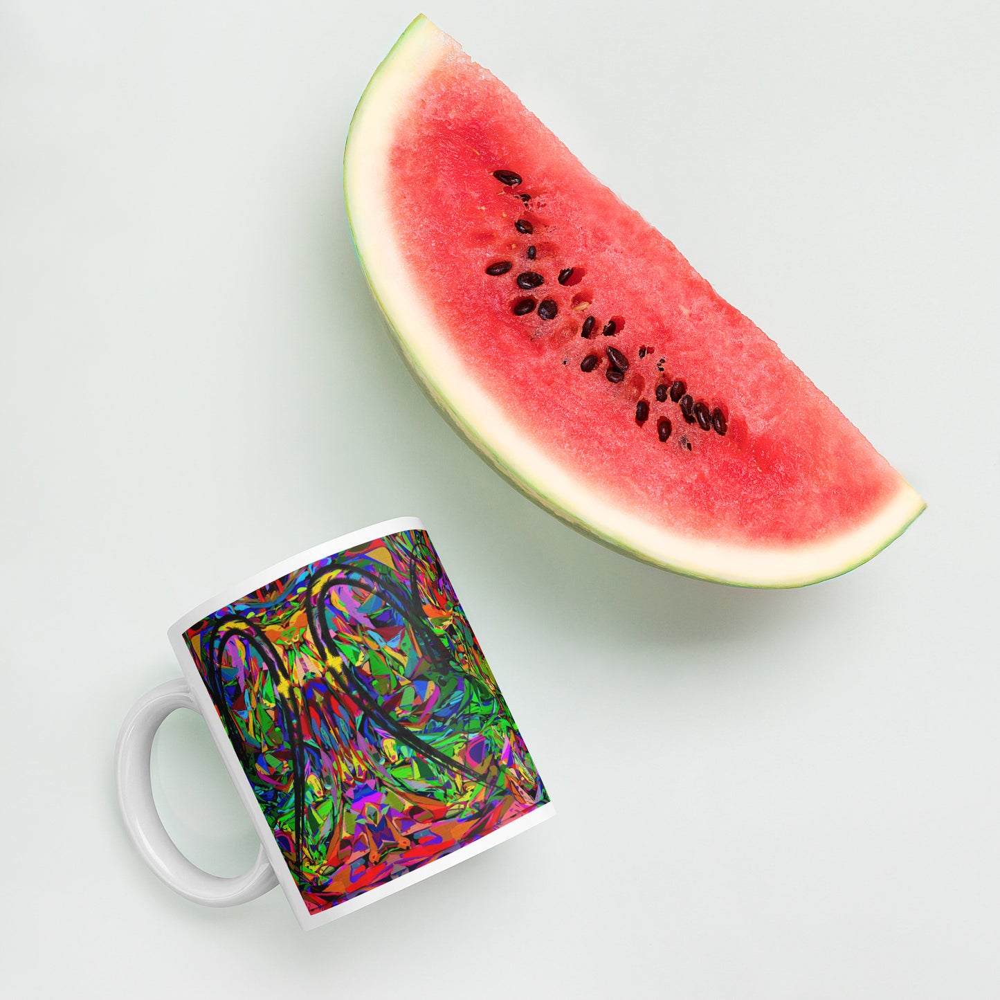 Colorful abstract art ceramic mug with neon pattern and glossy finish – Hipyfi Neon Mythos Mug 11-oz-watermelon
