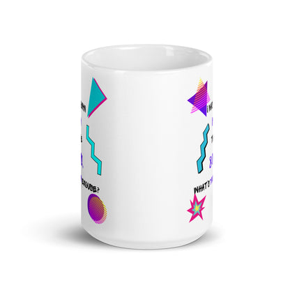 Retro 80s ceramic mug with neon geometric patterns and “I Was Born In The 80s, What’s Your Excuse?” hand-drawn typography by Hipyfi Clothes & Design 15-oz-front-view