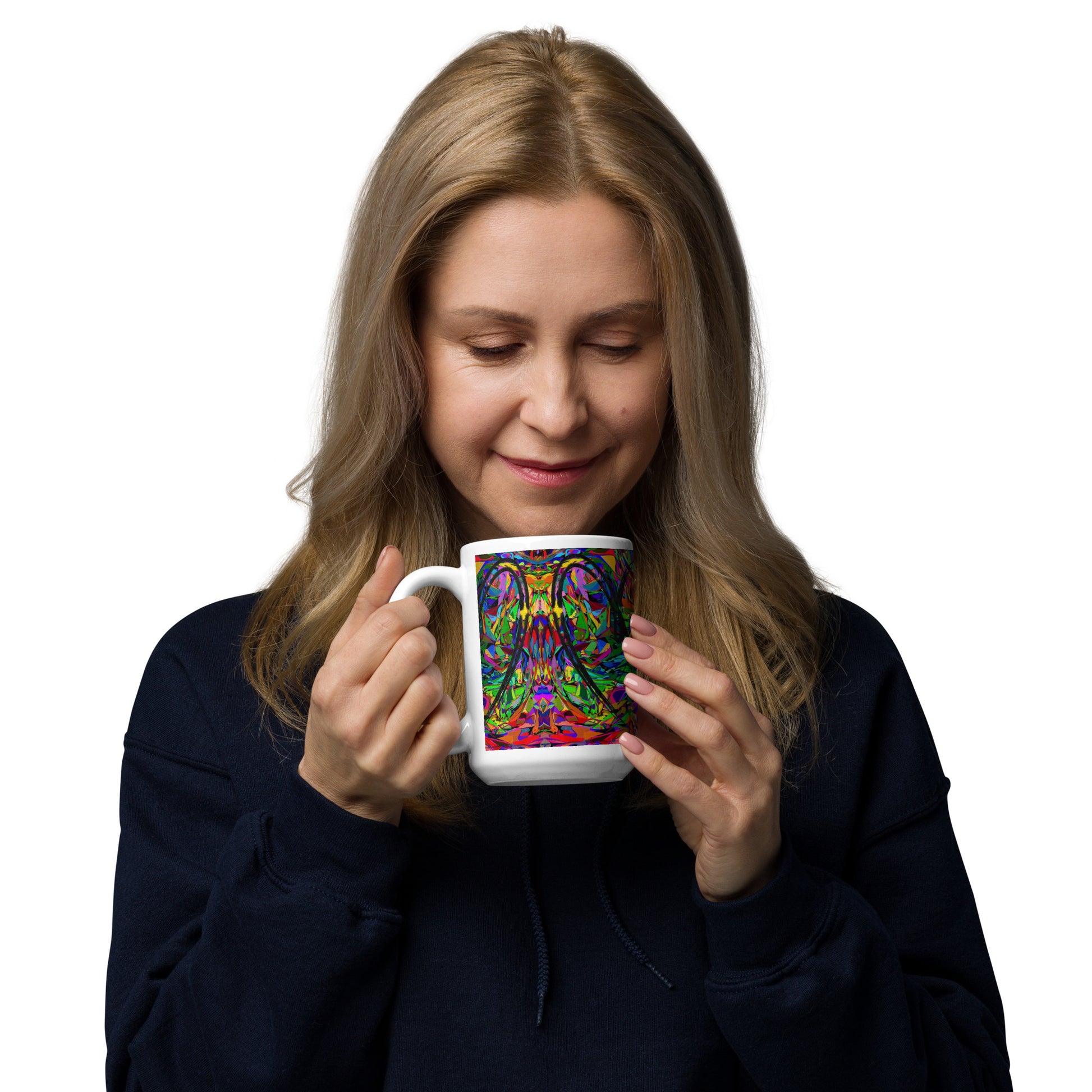 Colorful abstract art ceramic mug with neon pattern and glossy finish – Hipyfi Neon Mythos Mug 15-oz-handle-on-left