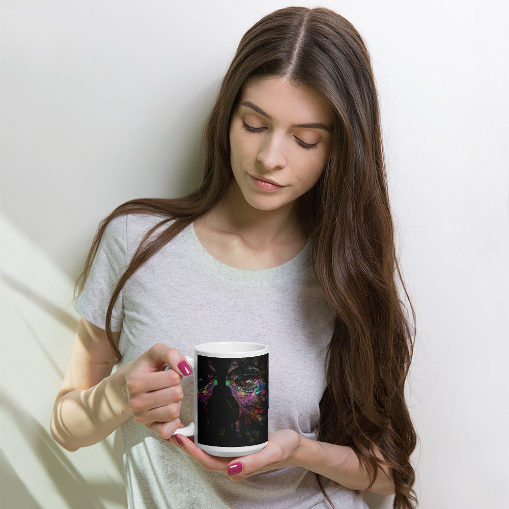 Hipyfi Chromatic Dreams Ceramic Mug with abstract vibrant design on a glossy white surface. Held in hand, unisex, dishwasher-safe. 15-oz
