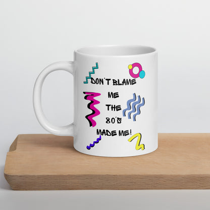 Retro 80s ceramic mug with colorful abstract design and ‘Don’t Blame Me, The 80s Made Me!’ quote by Hipyfi Clothes & Design 20-oz-cutting-board