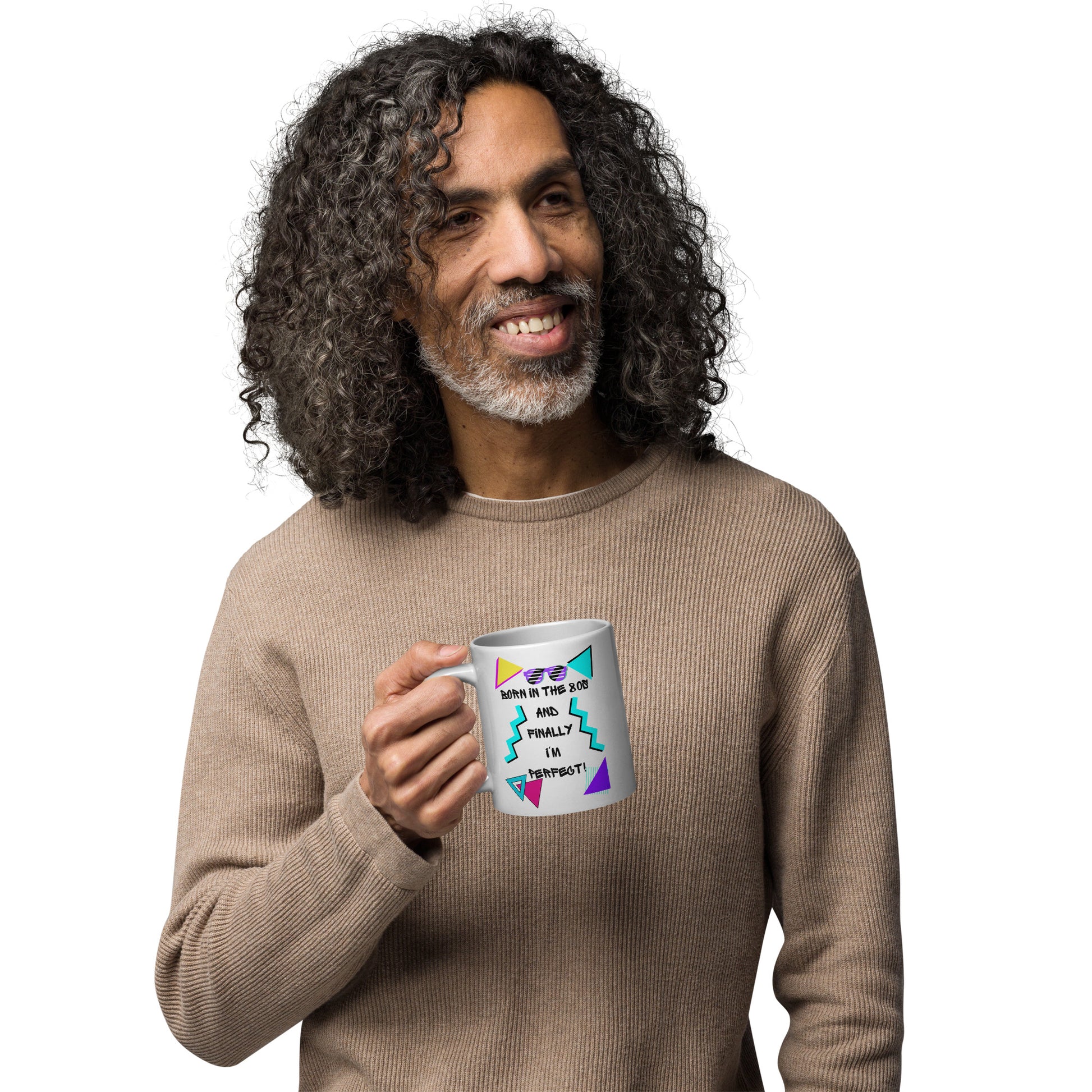 Retro 80s ceramic coffee mug with bold geometric design and 'Born in the 80s and finally I'm perfect!' text – by Hipyfi Clothes & Design 20-oz-handle-on-left