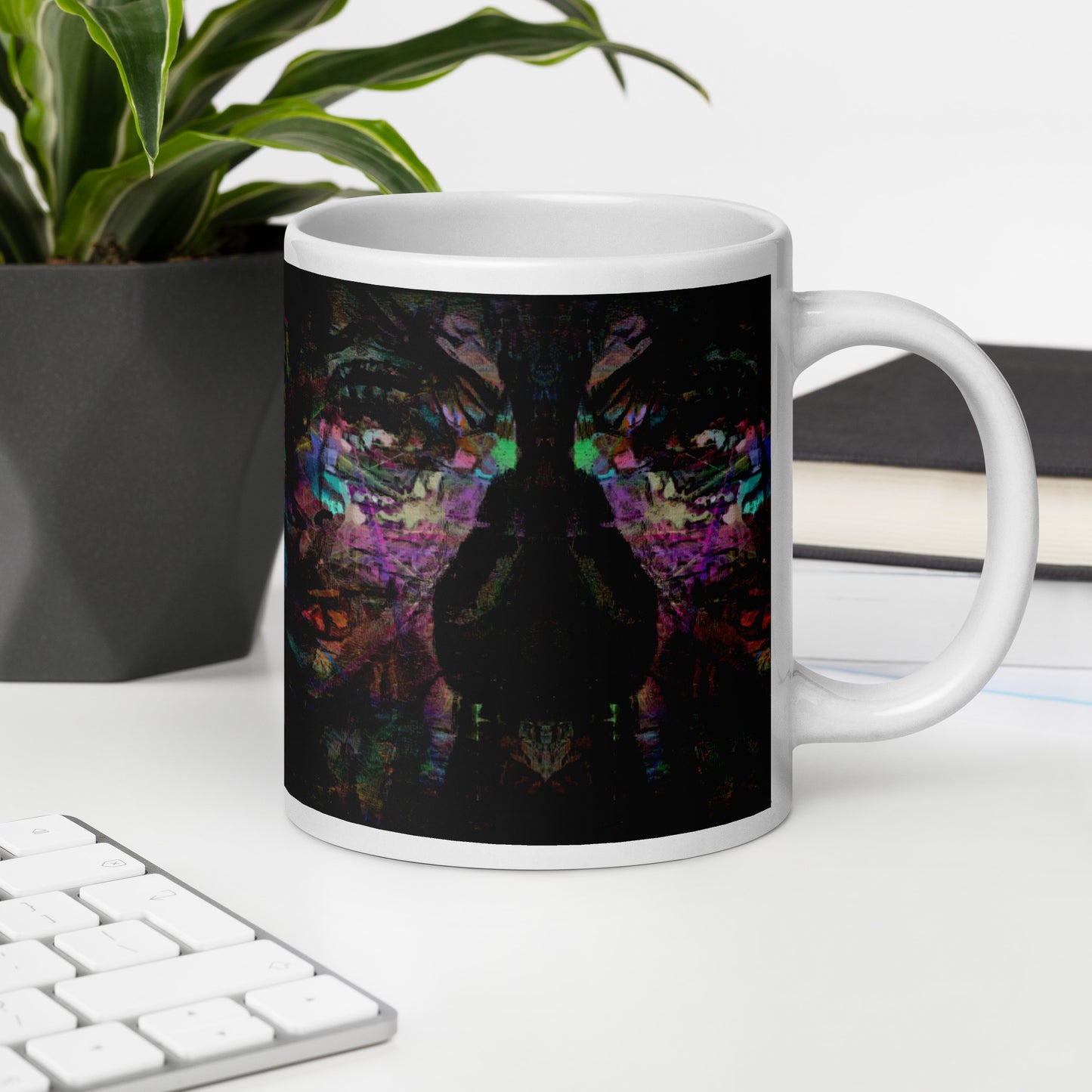 Hipyfi Chromatic Dreams Ceramic Mug with abstract vibrant design on a glossy white surface. Held in hand, unisex, dishwasher-safe. 20-oz-2
