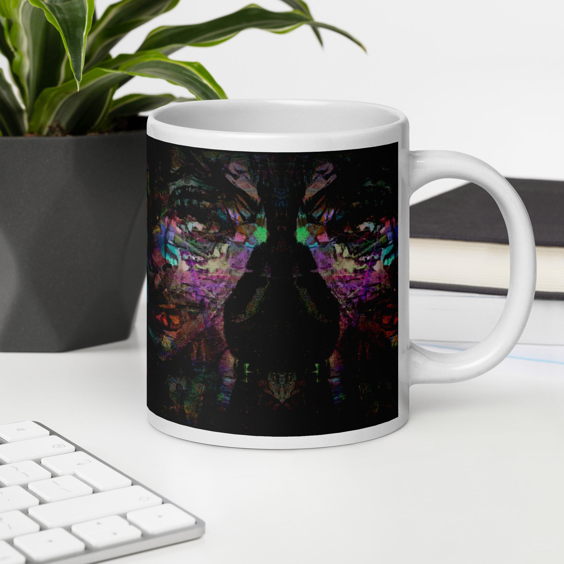 Hipyfi Chromatic Dreams Ceramic Mug with abstract vibrant design on a glossy white surface. Held in hand, unisex, dishwasher-safe. 20-oz-2