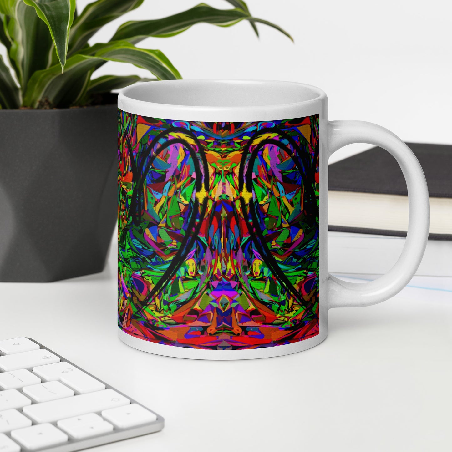 Colorful abstract art ceramic mug with neon pattern and glossy finish – Hipyfi Neon Mythos Mug 20-oz-office-environment