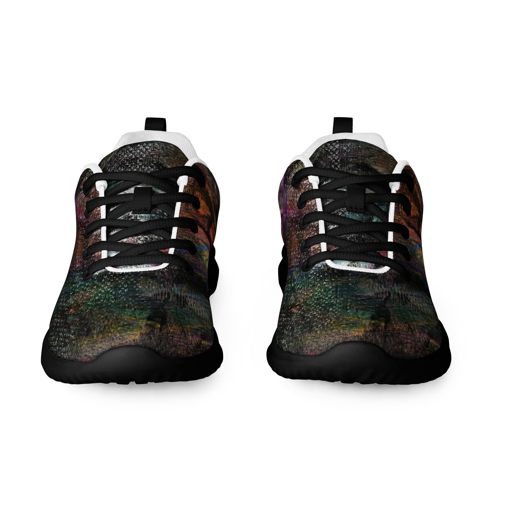 Vibrant Chromatic Dreams women's athletic shoes with abstract multicolor design, breathable mesh upper, and lightweight EVA sole by HipyFi. black-front-5