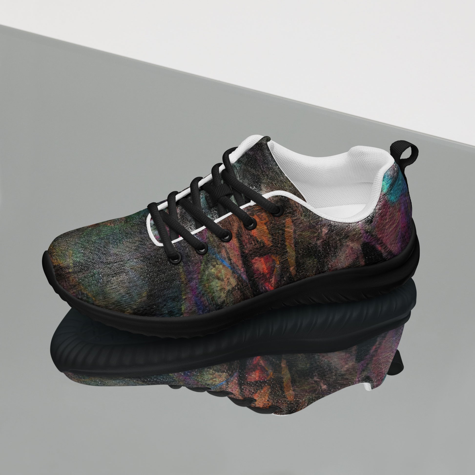 Vibrant Chromatic Dreams women's athletic shoes with abstract multicolor design, breathable mesh upper, and lightweight EVA sole by HipyFi. black-left-2