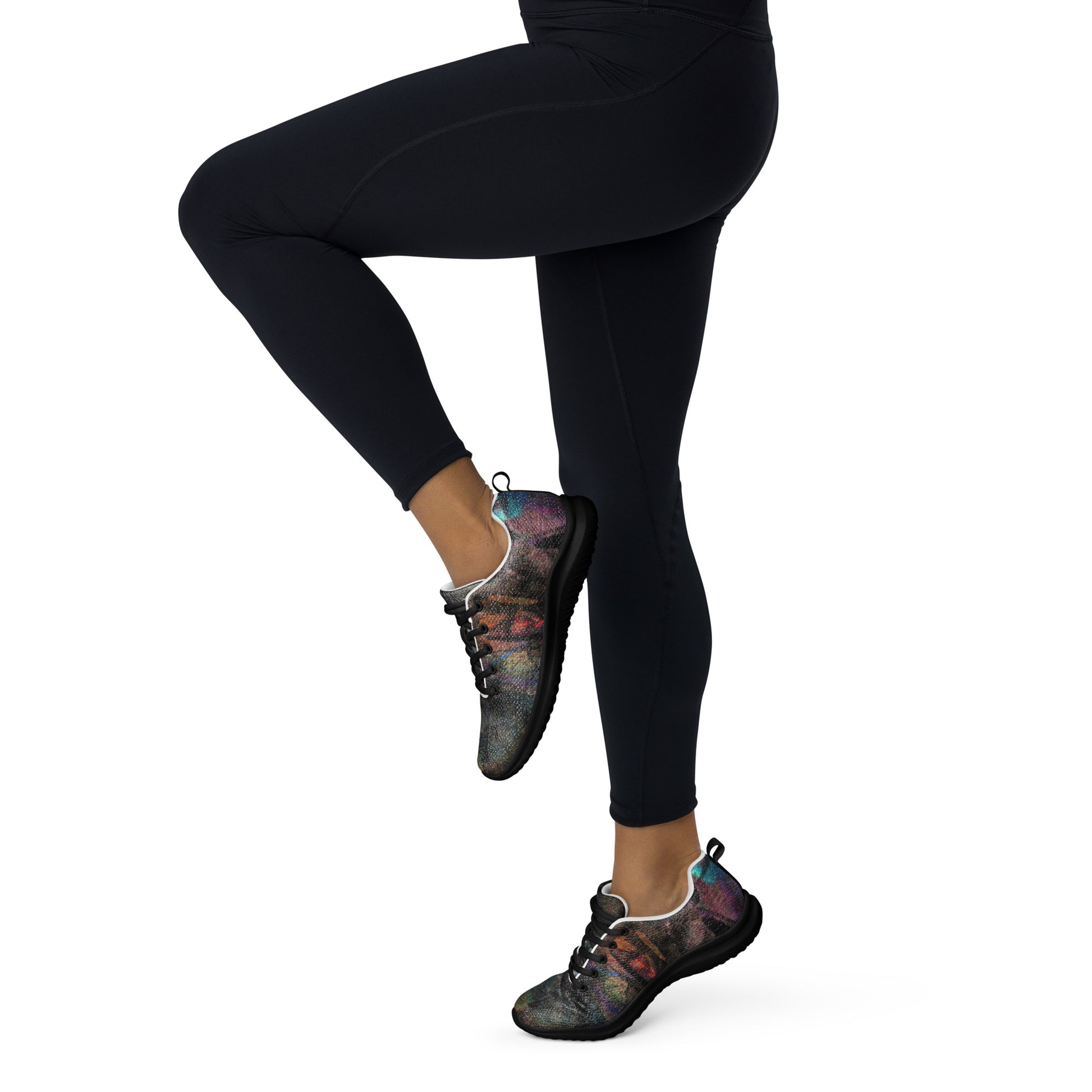 Vibrant Chromatic Dreams women's athletic shoes with abstract multicolor design, breathable mesh upper, and lightweight EVA sole by HipyFi. black-left-front