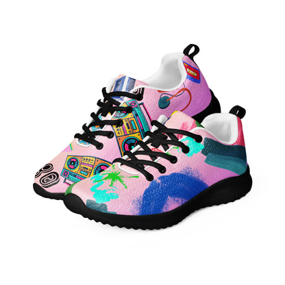 Hipyfi 80s Retro Pop Women's Running Sneakers – colorful athletic shoes with vintage 1980s design. black-left-front-2