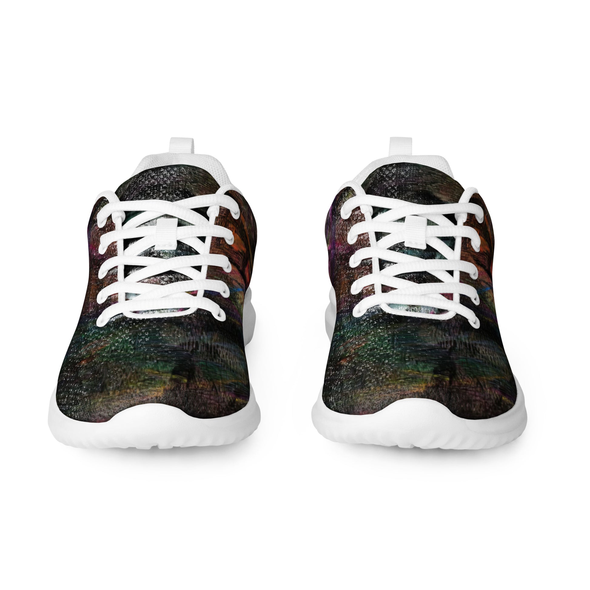 Vibrant Chromatic Dreams women's athletic shoes with abstract multicolor design, breathable mesh upper, and lightweight EVA sole by HipyFi. white-front-5