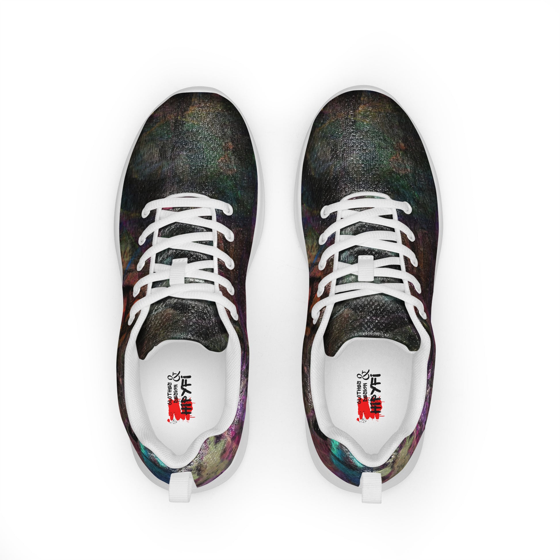 Vibrant Chromatic Dreams women's athletic shoes with abstract multicolor design, breathable mesh upper, and lightweight EVA sole by HipyFi. white-front-6