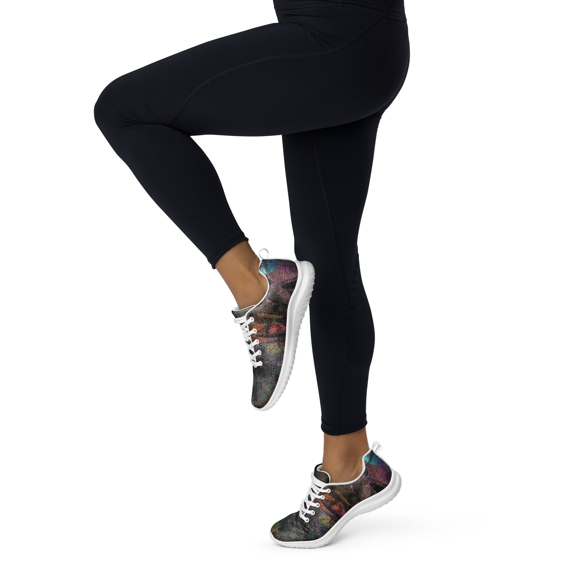 Vibrant Chromatic Dreams women's athletic shoes with abstract multicolor design, breathable mesh upper, and lightweight EVA sole by HipyFi. white-left-front