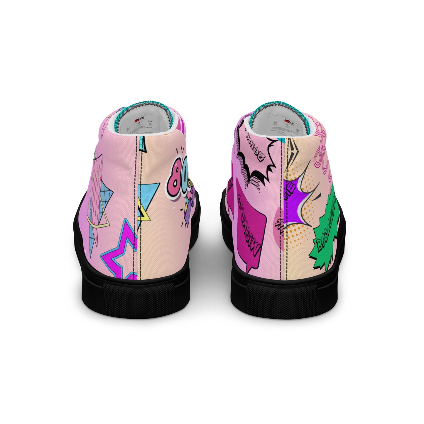 Women's 80s retro high top canvas sneakers with neon pop art design by Hipyfi Clothes & Design. black-back