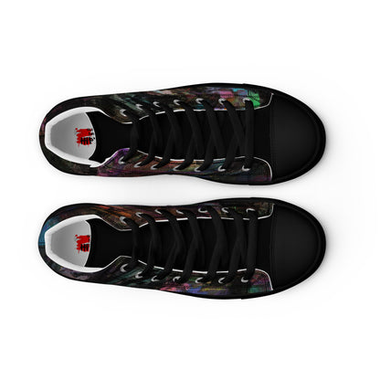 Chromatic Dreams Women’s abstract art high top sneakers – vibrant multicolor, faux leather toe cap, and streetwear style | Hipyfi. black-front-2