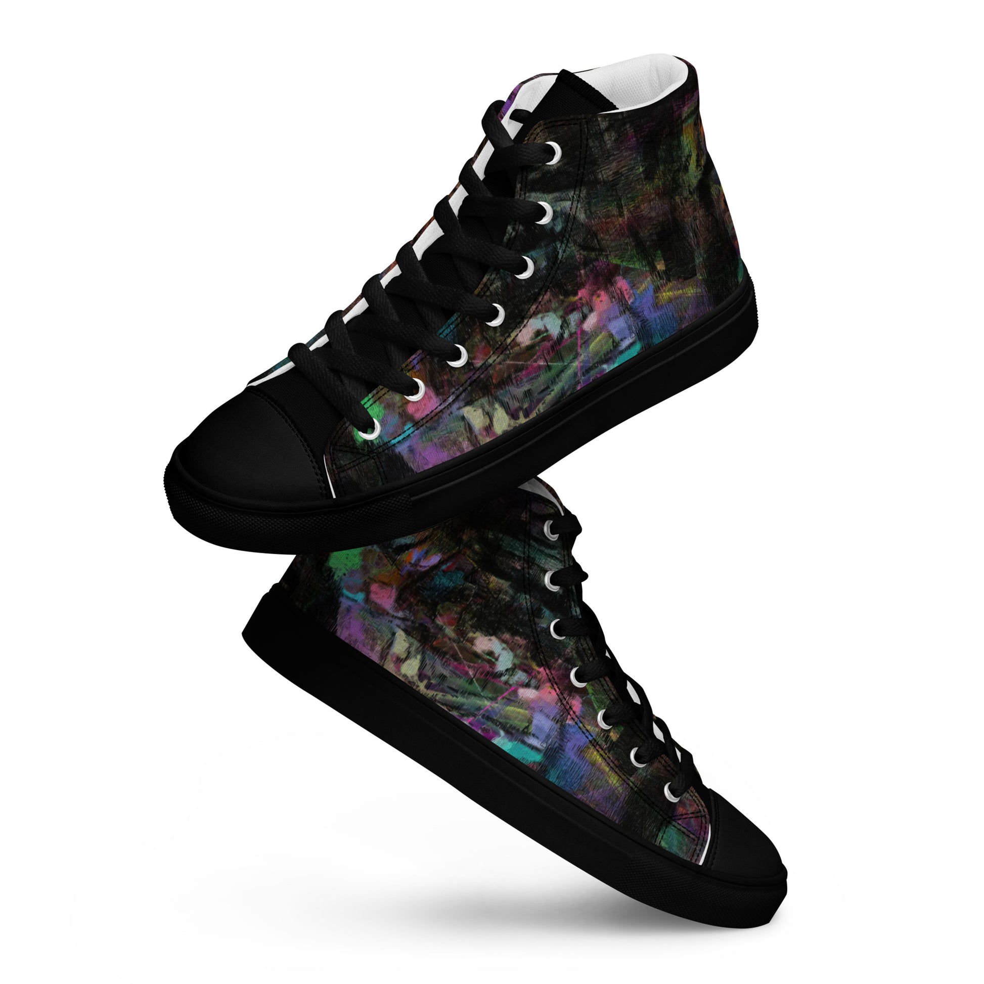 Chromatic Dreams Women’s abstract art high top sneakers – vibrant multicolor, faux leather toe cap, and streetwear style | Hipyfi. black-front-4