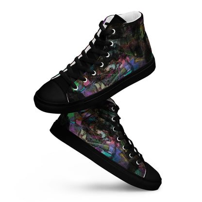 Chromatic Dreams Women’s abstract art high top sneakers – vibrant multicolor, faux leather toe cap, and streetwear style | Hipyfi. black-front-4