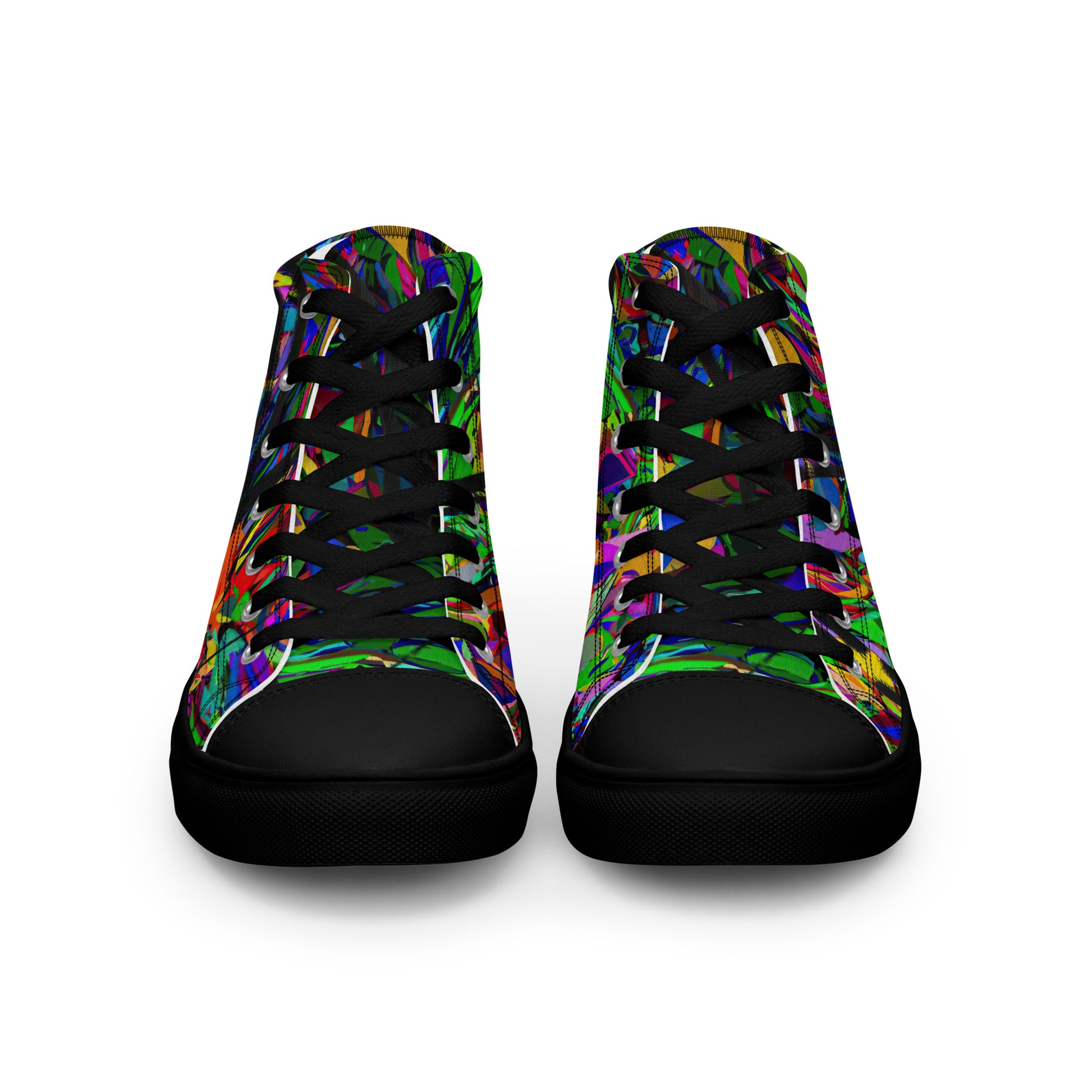 Neon Mythos women's high top canvas sneakers with abstract street art design in vibrant neon colors by Hipyfi Clothes & Design. black-front-3