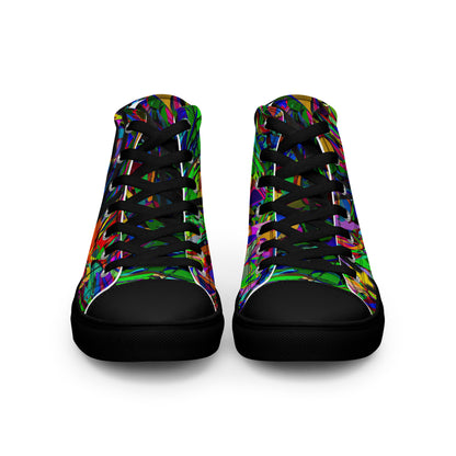 Neon Mythos women's high top canvas sneakers with abstract street art design in vibrant neon colors by Hipyfi Clothes & Design. black-front-3