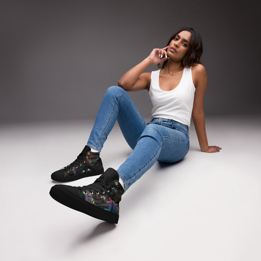 Chromatic Dreams Women’s abstract art high top sneakers – vibrant multicolor, faux leather toe cap, and streetwear style | Hipyfi. black-front