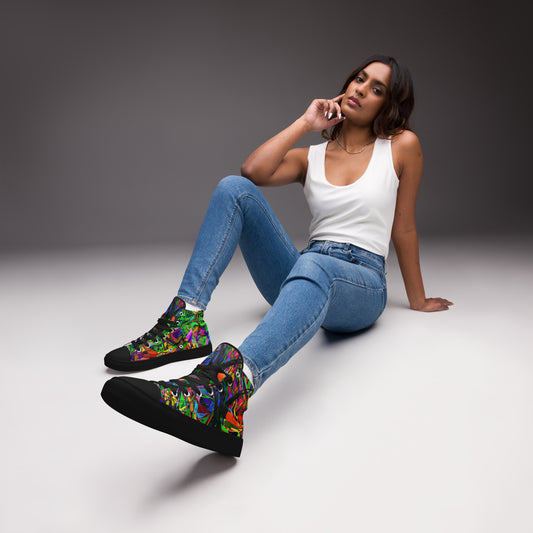 Neon Mythos women's high top canvas sneakers with abstract street art design in vibrant neon colors by Hipyfi Clothes & Design. black-front
