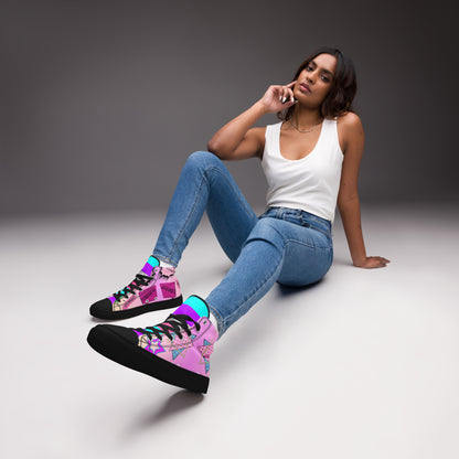 Women's 80s retro high top canvas sneakers with neon pop art design by Hipyfi Clothes & Design. black-front