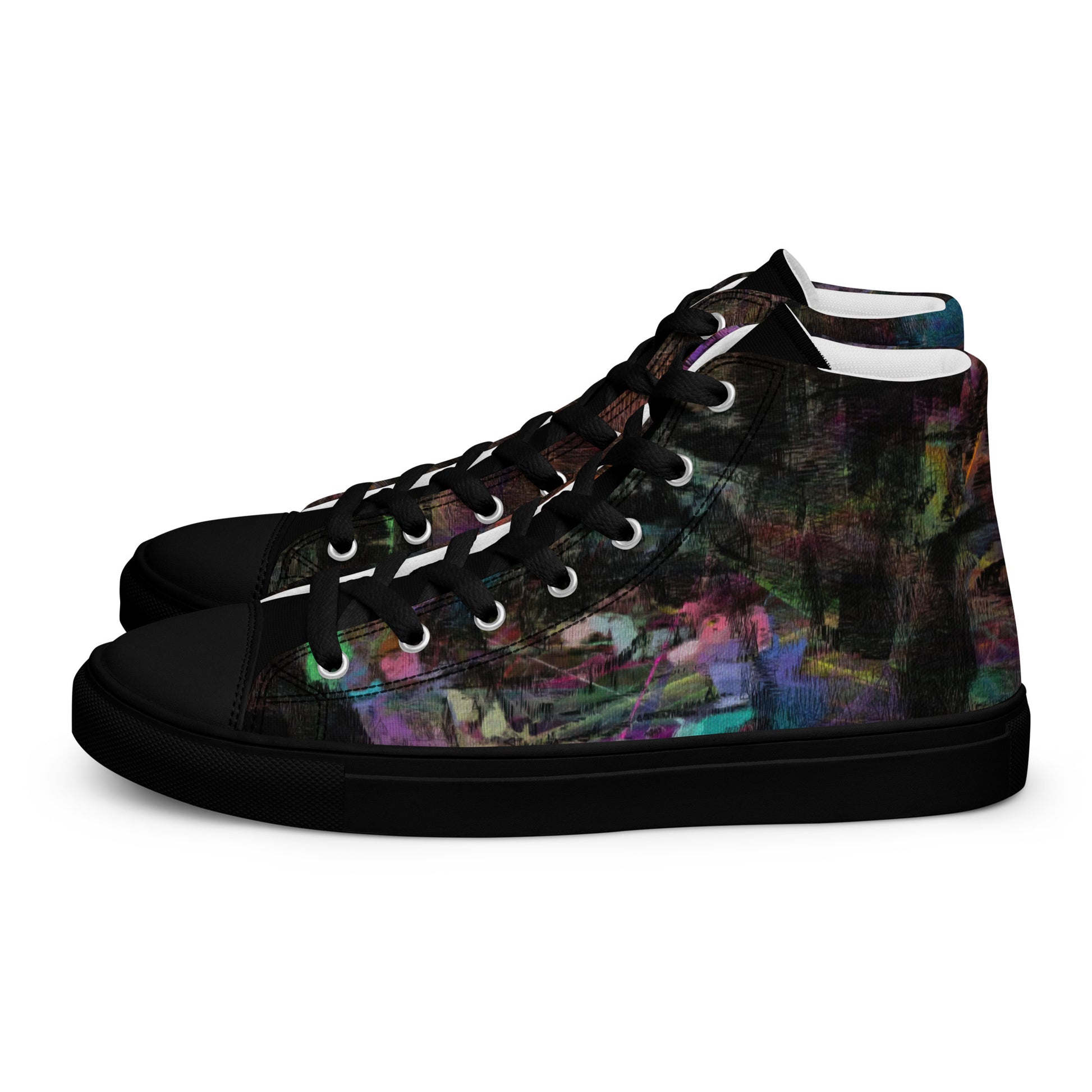Chromatic Dreams Women’s abstract art high top sneakers – vibrant multicolor, faux leather toe cap, and streetwear style | Hipyfi. black-left-3