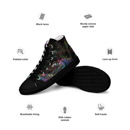 Chromatic Dreams Women’s abstract art high top sneakers – vibrant multicolor, faux leather toe cap, and streetwear style | Hipyfi. black-left-info