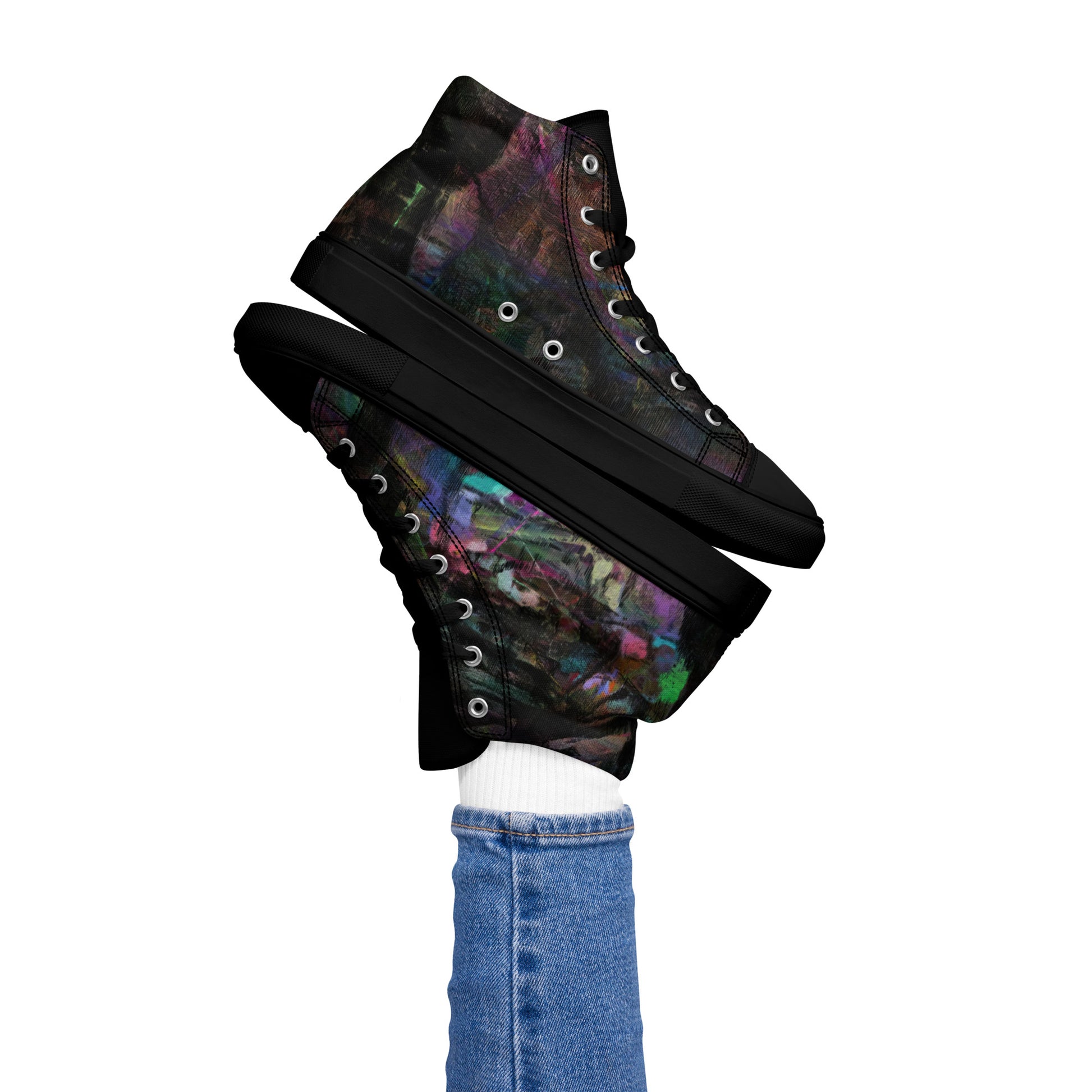 Chromatic Dreams Women’s abstract art high top sneakers – vibrant multicolor, faux leather toe cap, and streetwear style | Hipyfi. black-left