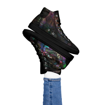 Chromatic Dreams Women’s abstract art high top sneakers – vibrant multicolor, faux leather toe cap, and streetwear style | Hipyfi. black-left