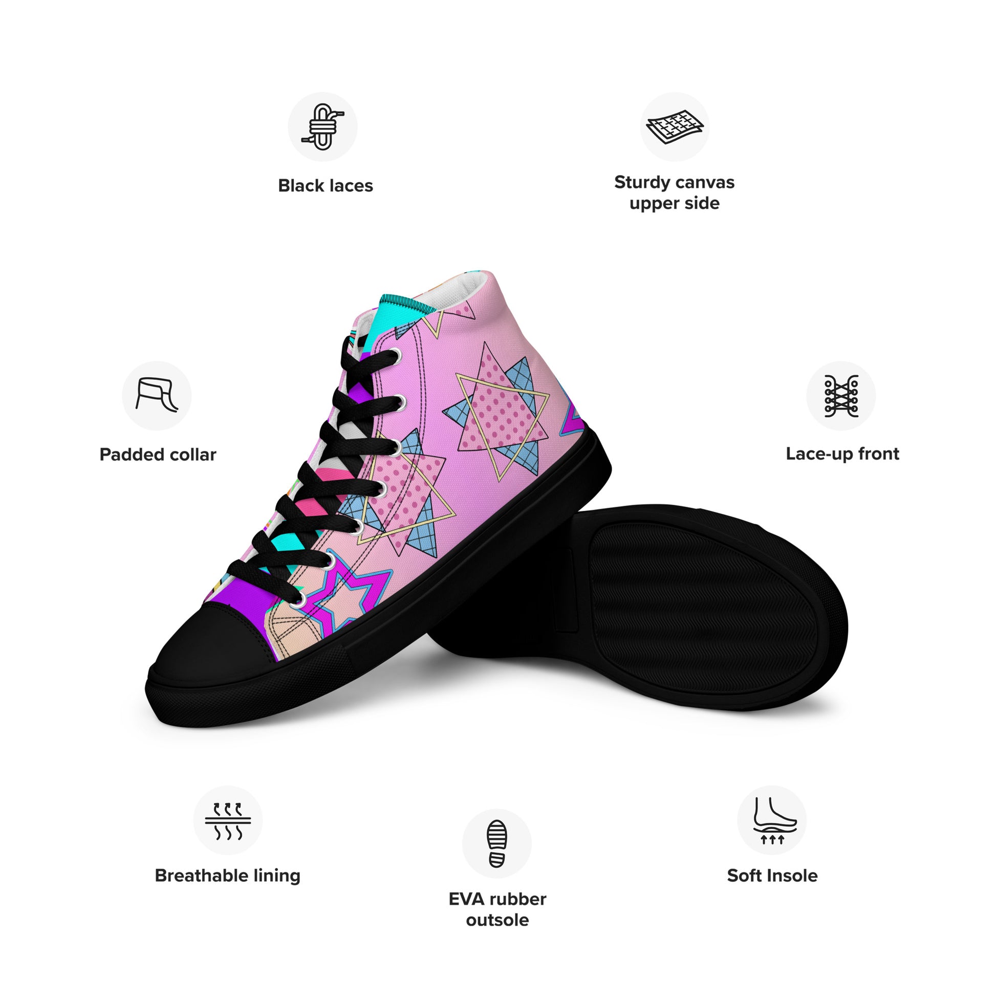 Women's 80s retro high top canvas sneakers with neon pop art design by Hipyfi Clothes & Design Poduct-info
