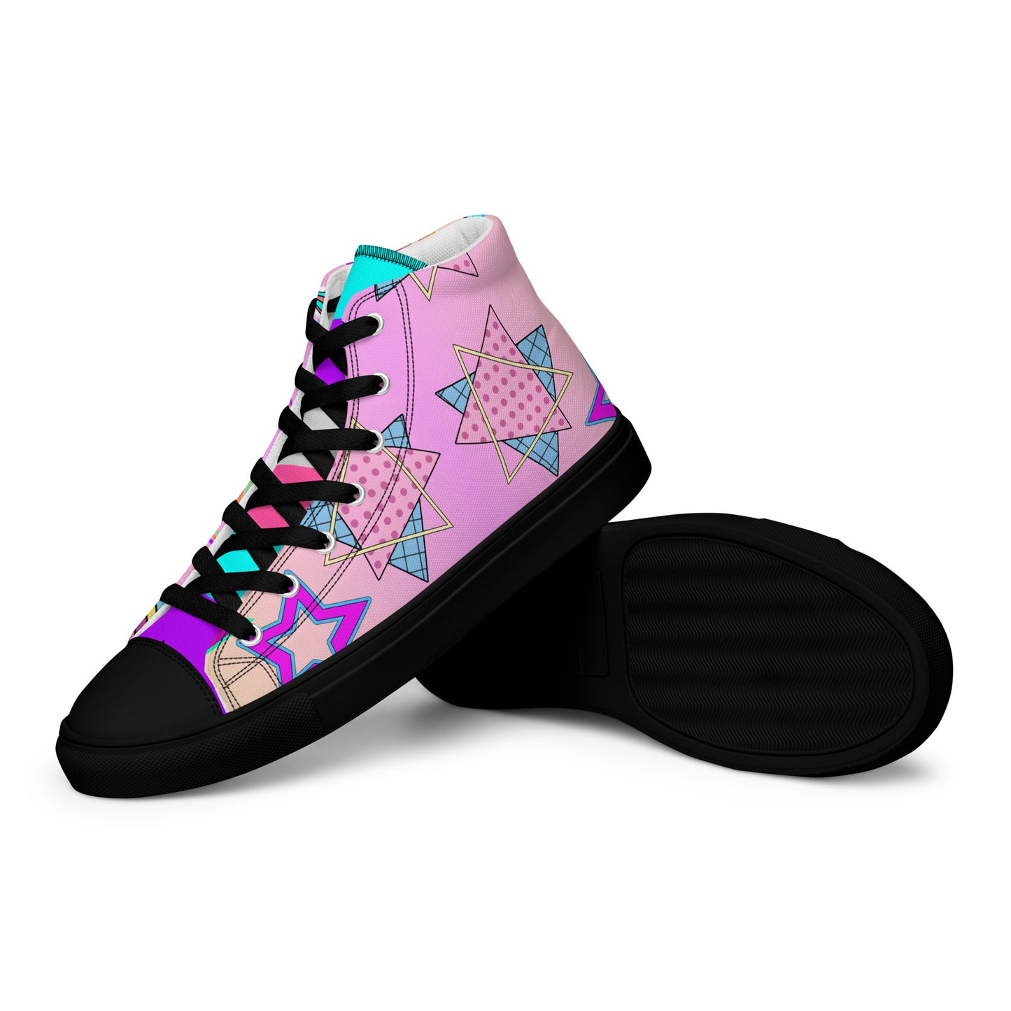 Women's 80s retro high top canvas sneakers with neon pop art design by Hipyfi Clothes & Design. black-left-2
