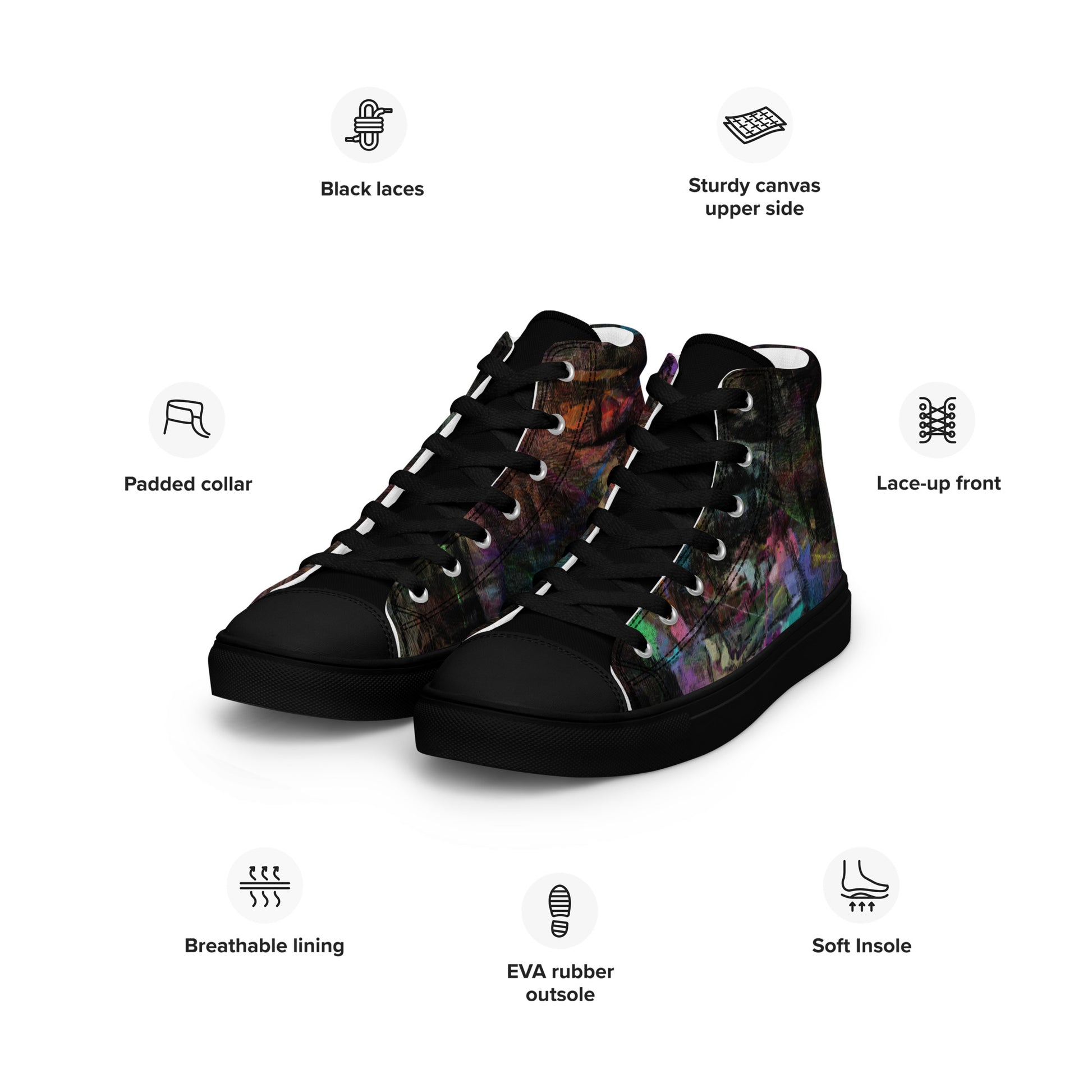 Chromatic Dreams Women’s abstract art high top sneakers – vibrant multicolor, faux leather toe cap, and streetwear style | Hipyfi. black-left-front-info
