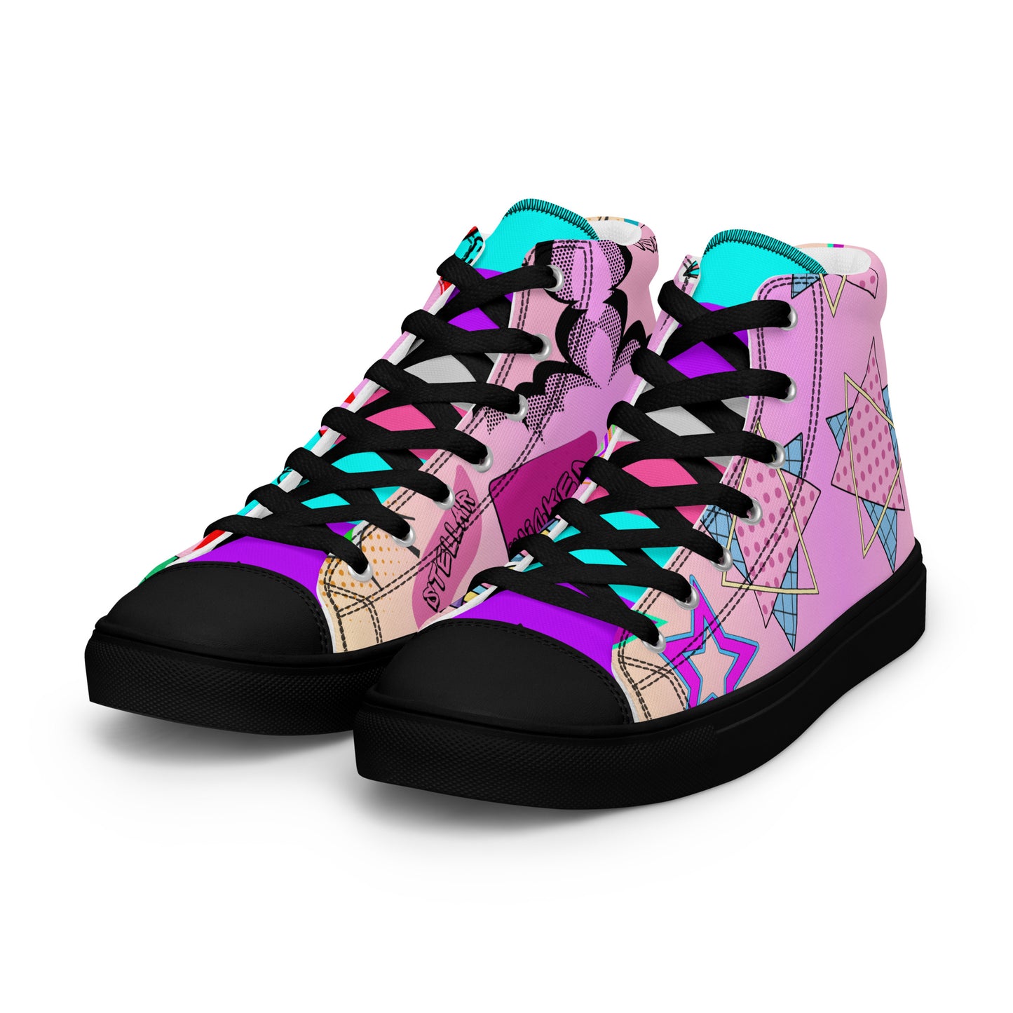 Women's 80s retro high top canvas sneakers with neon pop art design by Hipyfi Clothes & Design. black-left-front-2