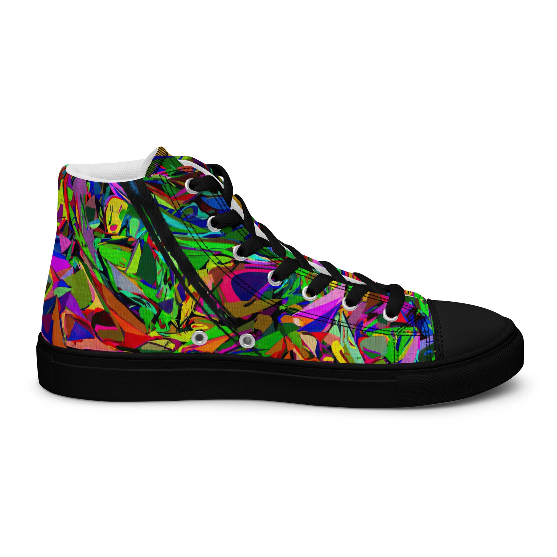 Neon Mythos women's high top canvas sneakers with abstract street art design in vibrant neon colors by Hipyfi Clothes & Design. black-left-inside