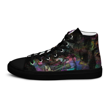 Chromatic Dreams Women’s abstract art high top sneakers – vibrant multicolor, faux leather toe cap, and streetwear style | Hipyfi. black-left-outside
