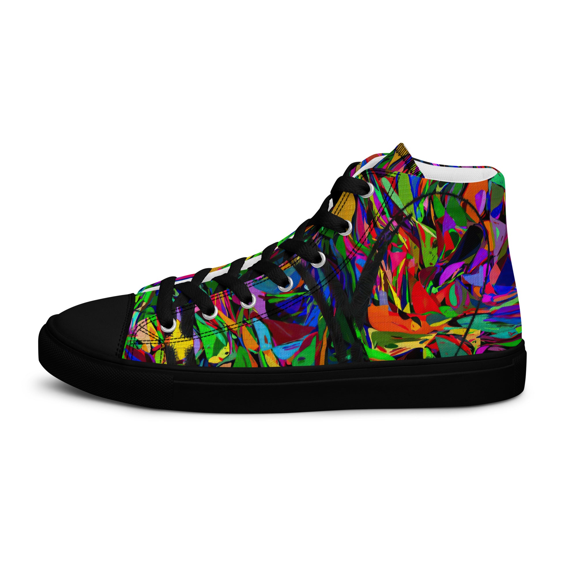 Neon Mythos women's high top canvas sneakers with abstract street art design in vibrant neon colors by Hipyfi Clothes & Design. black-left-outside