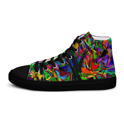 Neon Mythos women's high top canvas sneakers with abstract street art design in vibrant neon colors by Hipyfi Clothes & Design. black-left-outside