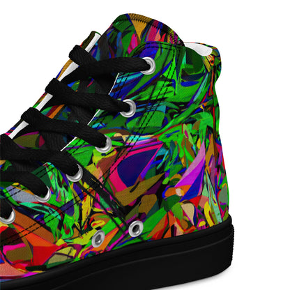 Neon Mythos women's high top canvas sneakers with abstract street art design in vibrant neon colors by Hipyfi Clothes & Design. black-product-details-2