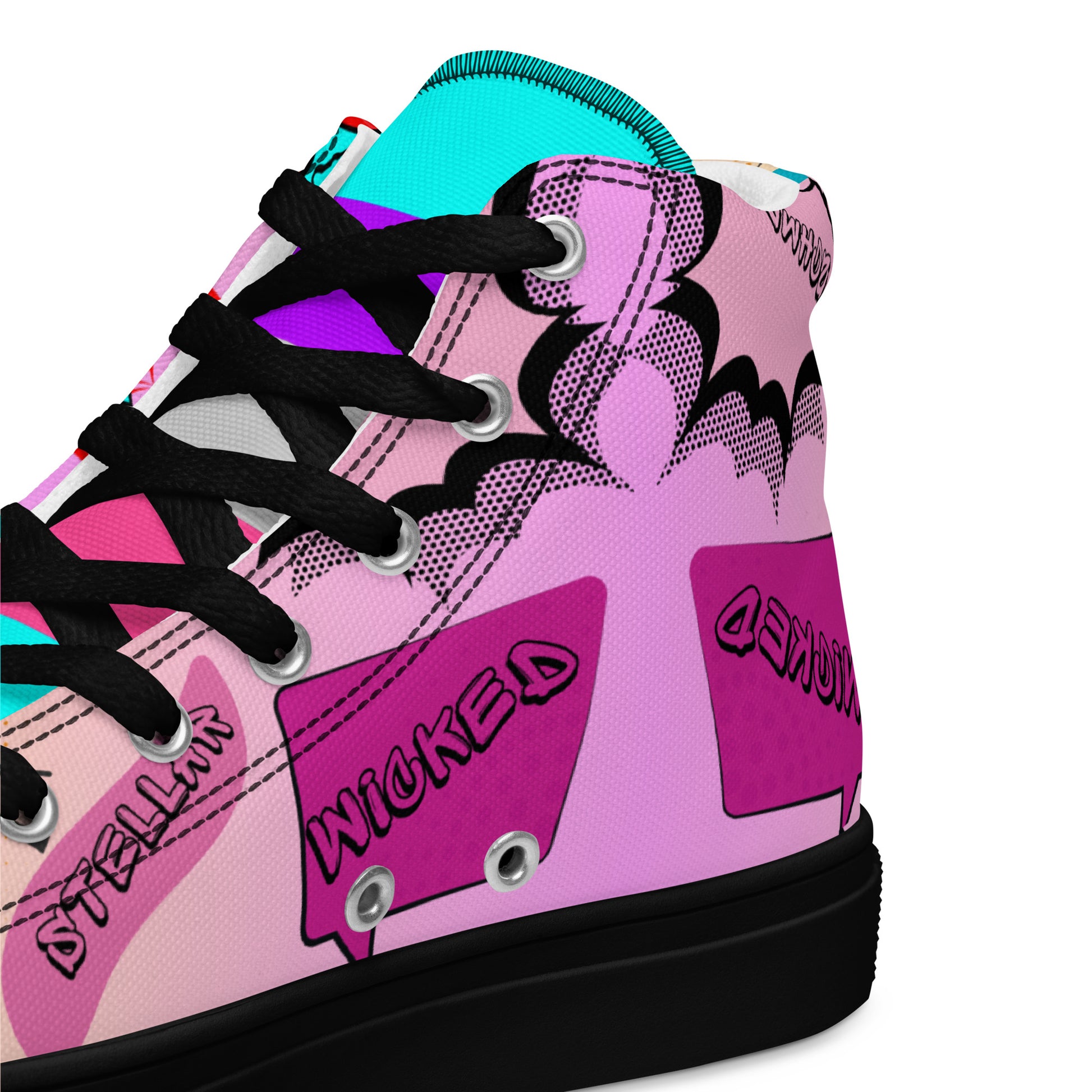 Women's 80s retro high top canvas sneakers with neon pop art design by Hipyfi Clothes & Design. black-product-details-2