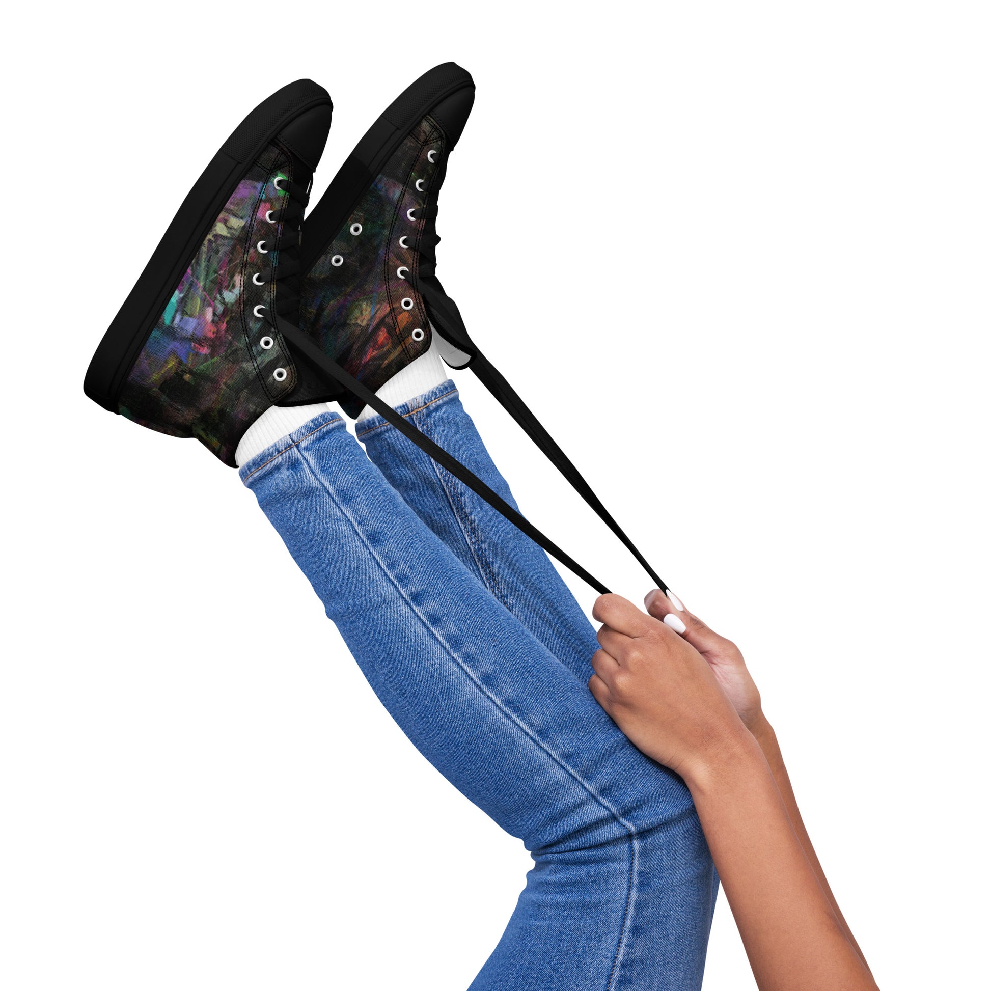 Chromatic Dreams Women’s abstract art high top sneakers – vibrant multicolor, faux leather toe cap, and streetwear style | Hipyfi. black-right