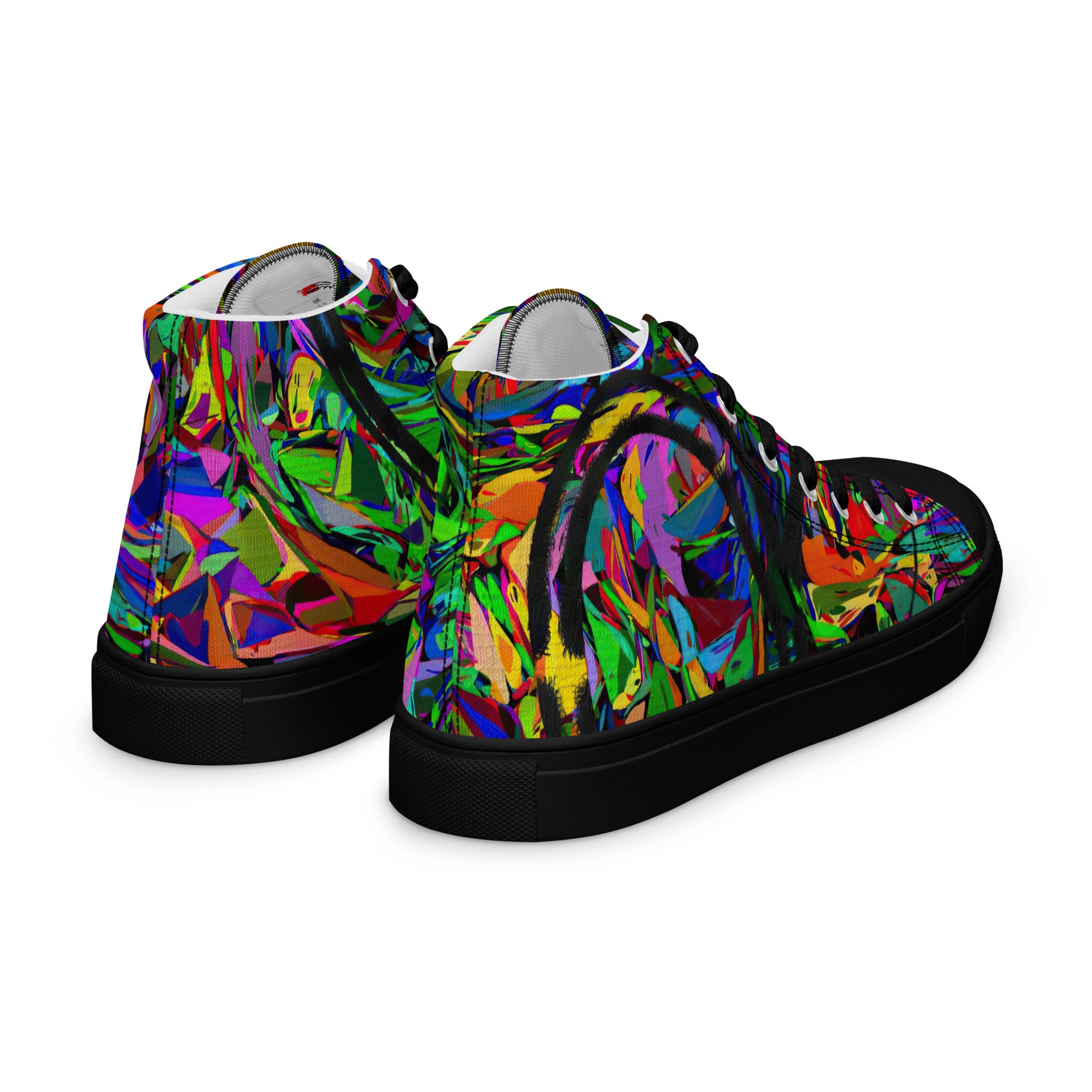 Neon Mythos women's high top canvas sneakers with abstract street art design in vibrant neon colors by Hipyfi Clothes & Design. black-right-back