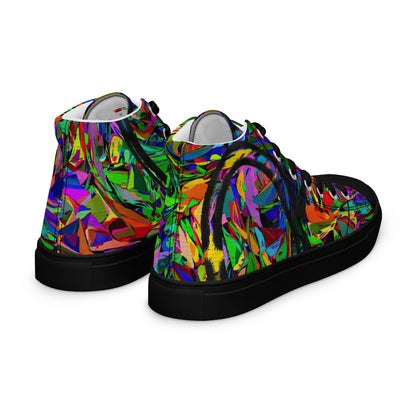 Neon Mythos women's high top canvas sneakers with abstract street art design in vibrant neon colors by Hipyfi Clothes & Design. black-right-back