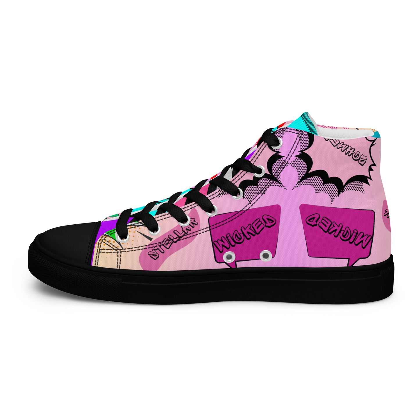 Women's 80s retro high top canvas sneakers with neon pop art design by Hipyfi Clothes & Design. black-right-inside
