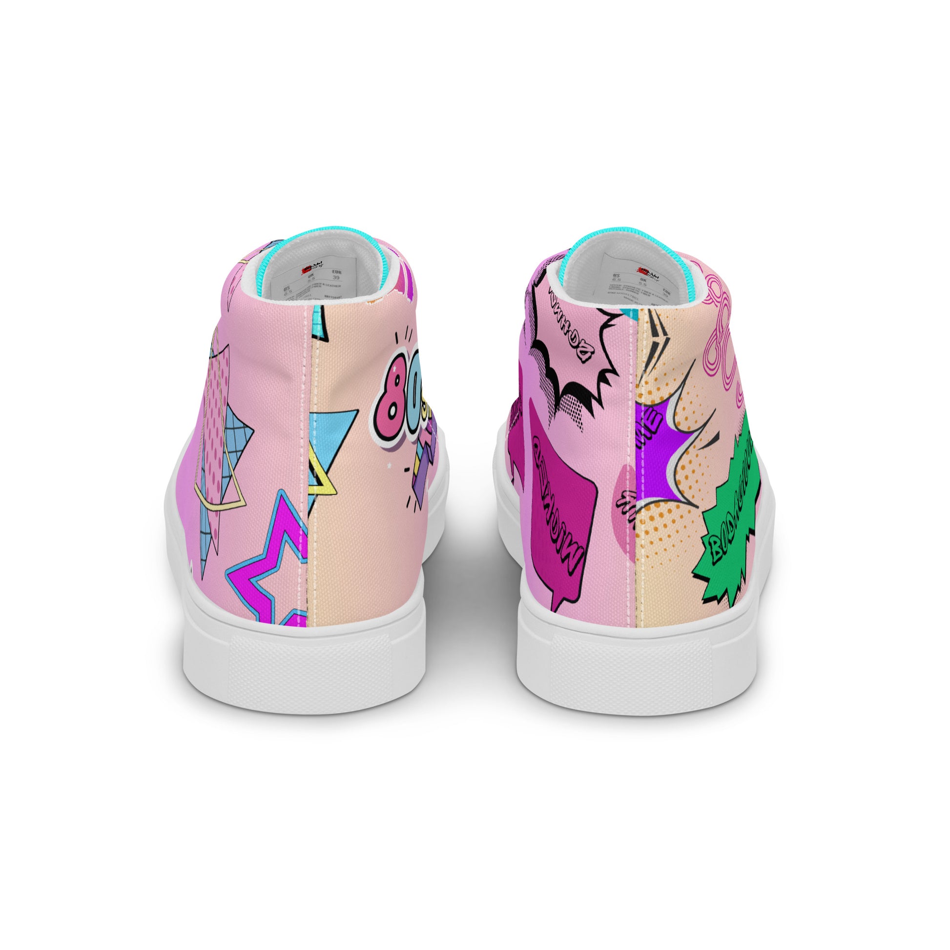Women's 80s retro high top canvas sneakers with neon pop art design by Hipyfi Clothes & Design. white-back